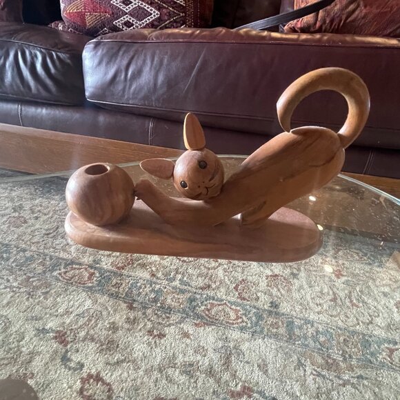 Mid Century Italian Wooden Cat with Ball Pen Holder - Picture 1 of 6